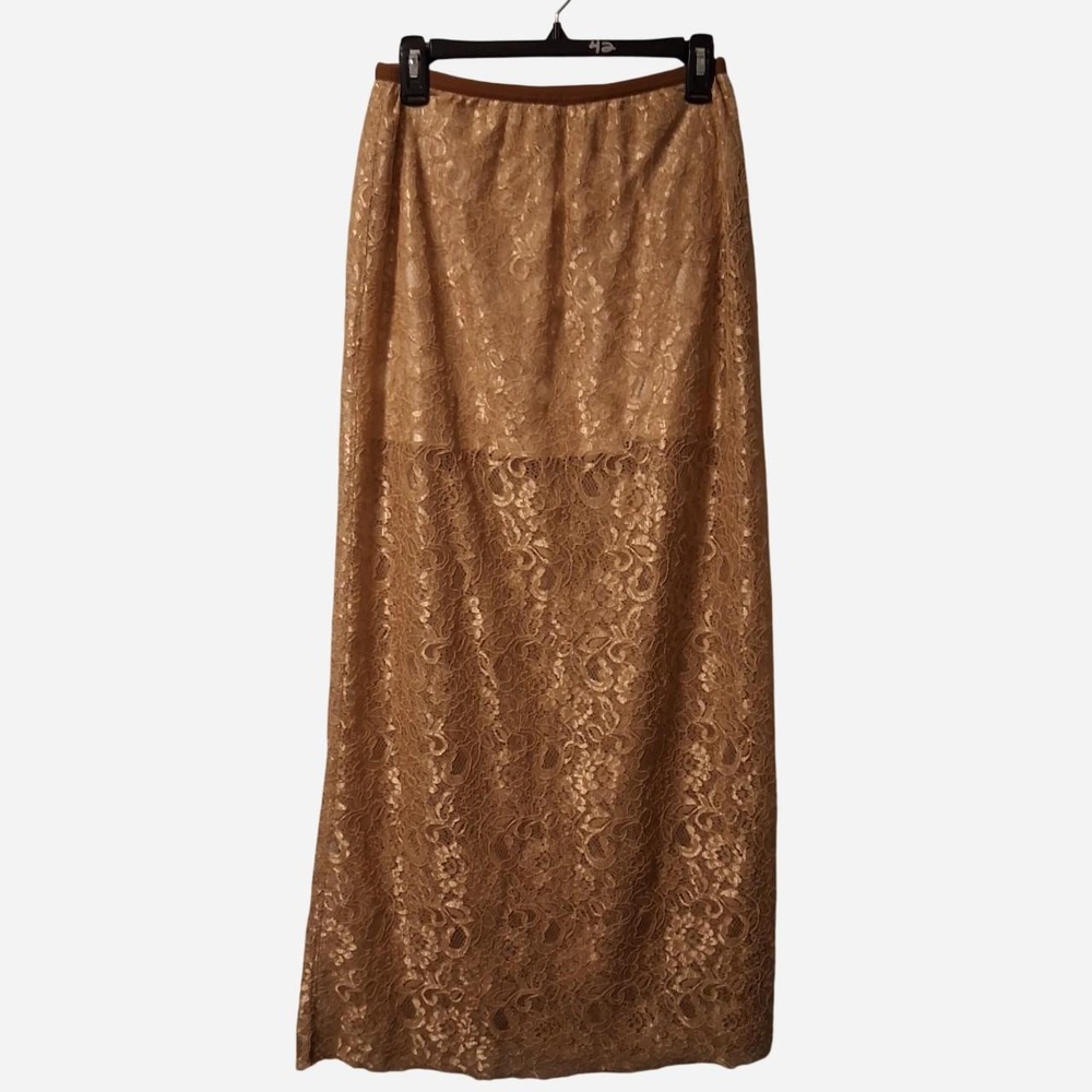 Womens Vintage y2k Fossil  maxi skirt dark gold  honey-colored floral lace